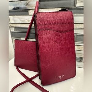 T TAHARI Leather Mini Slider Crossbody Bag Bloodstone